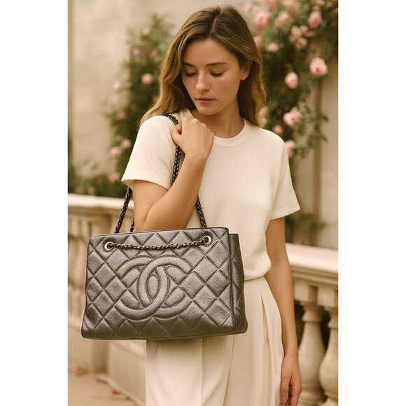 CHANEL Timeless CC Leather Chain Shopper Tote Bag Shoulder Metallic Grey Pewter - Picture 2 of 12